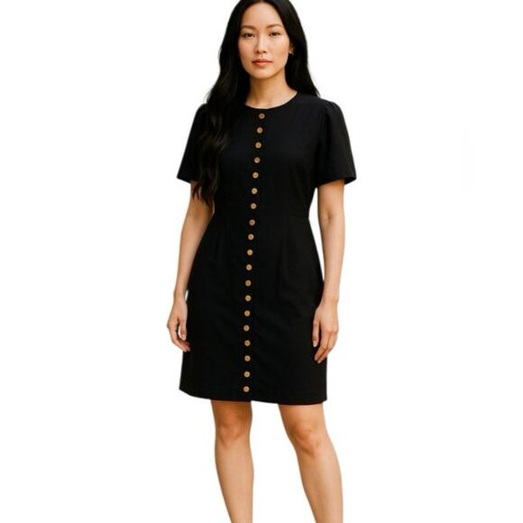 J. Crew NWT Stretch Viscose Linen Blend Gold Button Front Puff Sleeve Mini Dress - Picture 2 of 12